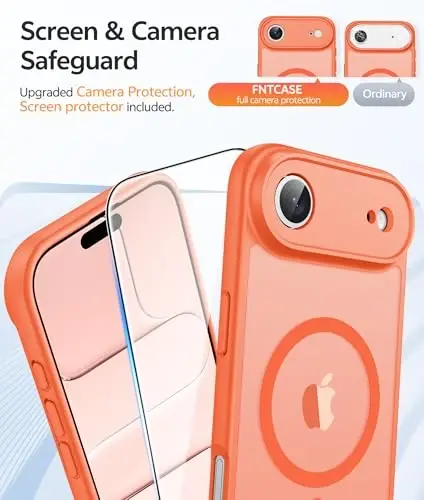 FNTCASE iPhone Air Case uchun: Magnitli yarim shaffof mat [Toʻliq qoplangan kamera himoyasi] [Ekran himoyachisi] Harbiy zarbga chidamli ingichka qopqoq tushishdan himoya qiluvchi 17 Air 2025 telefon gʻiloflari - Apelsin - 4