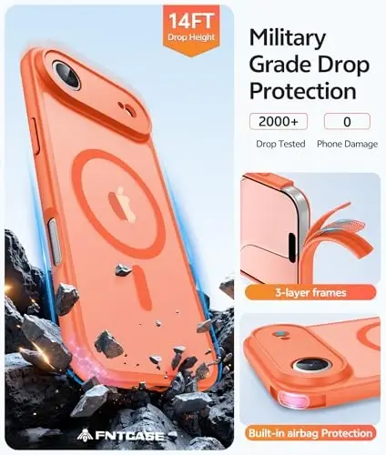 FNTCASE iPhone Air Case uchun: Magnitli yarim shaffof mat [Toʻliq qoplangan kamera himoyasi] [Ekran himoyachisi] Harbiy zarbga chidamli ingichka qopqoq tushishdan himoya qiluvchi 17 Air 2025 telefon gʻiloflari - Apelsin - 5