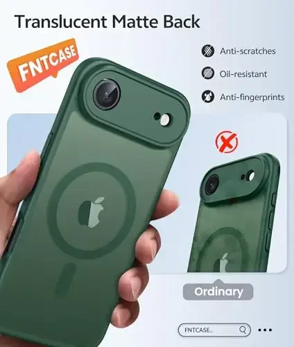 FNTCASE iPhone Air Case uchun: Magnitli yarim shaffof mat [To'liq qoplangan kamera himoyasi] [Ekran himoyachisi] Harbiy zarbga chidamli ingichka qopqoq tushishdan himoya qiluvchi 17 Air 2025 telefon g'iloflari - Yashil - 6