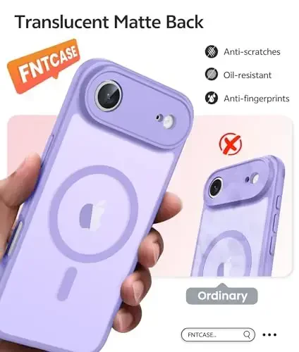 FNTCASE iPhone Air Case uchun: Magnitli yarim shaffof mat [To'liq qoplangan kamera himoyasi] [Ekran himoyachisi] Harbiy zarbga chidamli ingichka qopqoq tushishga chidamli himoya 17 Air 2025 telefon g'iloflari - och binafsha - 6