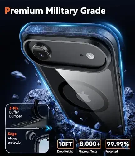 FNTCASE iPhone Air uchun g'ilof: Shaffof, sarg'ayishga qarshi magnitli harbiy darajadagi tushishdan himoya qiluvchi mobil telefon qopqog'i - mustahkam zarbga chidamli himoya tamponli shaffof telefon g'ilofi (B-qora) - 6