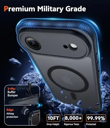 FNTCASE iPhone Air uchun mat qopqoq: Ekran himoyachisi bilan magnit telefon qutilari Magsafe bilan mos tushadigan ingichka sarg'ayishga qarshi mustahkam himoya o'tkazuvchan mobil telefon qopqog'i (C-qora) - 6