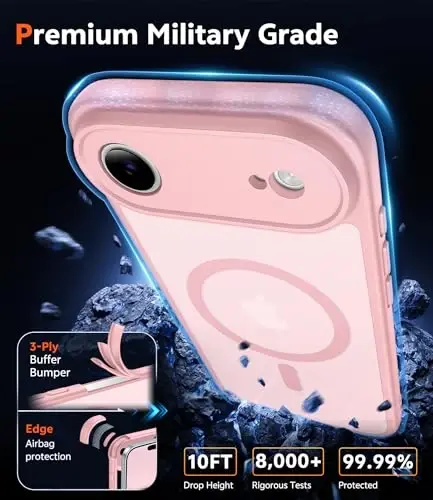 FNTCASE iPhone Air uchun mat qopqoq: magnitli telefon qopqoqlari ekran himoyachisi bilan, zarbga chidamli, Magsafe bilan mos, ingichka, sarg'ayishga qarshi, mustahkam zarbga chidamli himoya yarim shaffof g'ilof (C-pushti) - 6