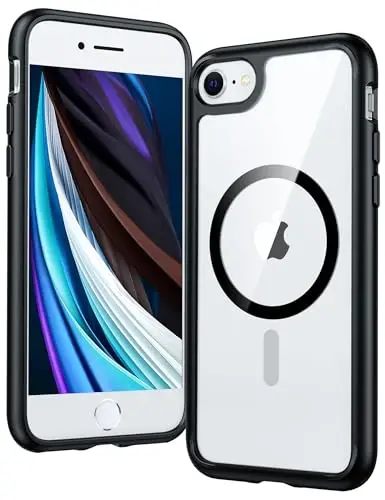 FNTCASE for iPhone SE 3rd(2022) Case: iPhone SE 2nd(2020) Case Clear Magnetic Phone Cases Compatible with Magsafe Slim Anti Yellowing Rugged Protective Transparent Cell Phone Cover (B-Black) 