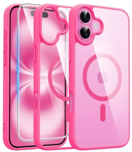 FNTCASE Magnetic for iPhone 16 Plus Case, Clear Hot Pink | Fit for Magsafe, with Screen Protector, Military Grade Drop Protection Cover, Slim Phone Cases, Shockproof Bumper - 1