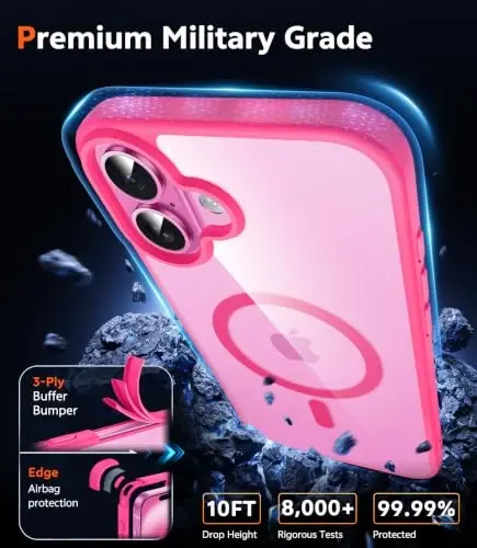 FNTCASE Magnetic for iPhone 16 Plus Case, Clear Hot Pink | Fit for Magsafe, with Screen Protector, Military Grade Drop Protection Cover, Slim Phone Cases, Shockproof Bumper - 5