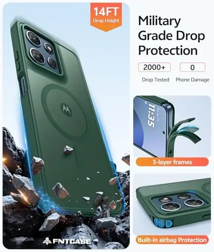 FNTCASE for Moto G Play 2026 / G 2026 / G 2025 Phone Case, Screen Protector | Translucent Matte Magnetic Back, 14FT Military Grade Drop Protection, Shockproof Protective Phone Cover, Green - 5