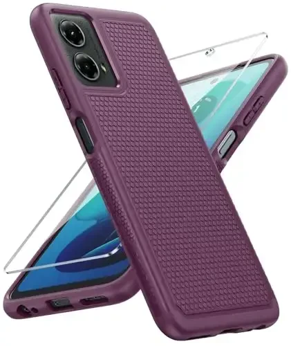 FNTCASE Motorola Moto G-5G-2024 uchun g'ilof: Ikki qavatli, og'ir yuk ko'taruvchi mobil telefon himoya qopqog'i, zarbga chidamli, sirpanmaydigan teksturali - Harbiy tomchidan himoya tamponli qattiq g'ilof (Burgundi binafsha) - 1