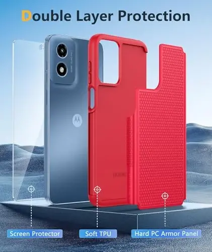 FNTCASE Motorola Moto G Play-2024 uchun g'ilof: Ikki qatlamli himoya, zarbaga chidamli, sirpanmaydigan teksturali orqa qopqoqli, harbiy himoyali baquvvat mobil telefon qopqog'i (Qizil) - 3