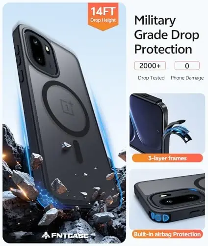 FNTCASE for OnePlus 15R Case, Fit for Magsafe, Screen Protector, Black | Translucent Matte Magnetic Back, 14FT Military Grade Drop Protection, Shockproof Protective Phone Cover - 5