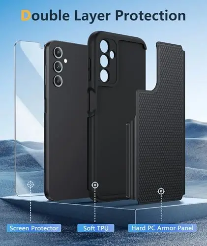 FNTCASE Samsung Galaxy A14 5G uchun g'ilof: Ikki qatlamli himoya, og'ir yuk ko'taruvchi mobil telefon qopqog'i, zarbga chidamli, sirpanmaydigan teksturali orqa - Harbiy himoya bamperi - 2023, 6,6 dyuym (Mat qora) - FNTCASE (1)