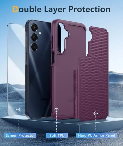 FNTCASE Samsung Galaxy A16-5G uchun g‘ilof: Ikki qatlamli himoya, og‘ir yuk ko‘taruvchi mobil telefon qopqog‘i, sirpanmaydigan teksturali orqa tomoni bilan - zarbaga chidamli, mustahkam harbiy darajadagi tushishdan himoya qiluvchi bamper (Bordo binafsha) - 4
