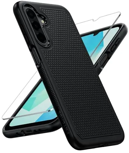 FNTCASE Samsung Galaxy A16-5G uchun g'ilof: Ikki qatlamli himoya, og'ir yuk ko'taruvchi mobil telefon qopqog'i, sirpanmaydigan teksturali orqa tomoni - zarbaga chidamli, mustahkam harbiy darajadagi tushishdan himoya bamperi, qattiq qora 