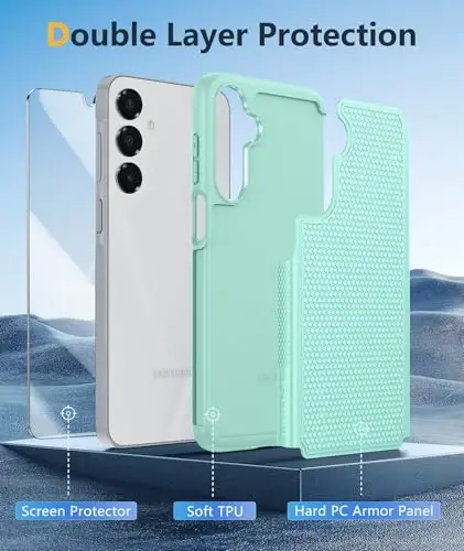 FNTCASE Samsung Galaxy A16-5G uchun g'ilof: Ikki qatlamli himoya, og'ir yuk ko'taruvchi mobil telefon qopqog'i, sirpanmaydigan teksturali orqa tomoni - zarbaga chidamli, mustahkam harbiy darajadagi tushishdan himoya tamponi (yalpiz yashil) - 4