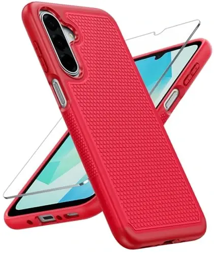 FNTCASE Samsung Galaxy A16-5G uchun g'ilof: Qo'sh qatlamli himoya, sirpanmaydigan teksturali orqa qopqoqli, zarbga chidamli, harbiy standartlarga javob beradigan g'ilof (qizil) 