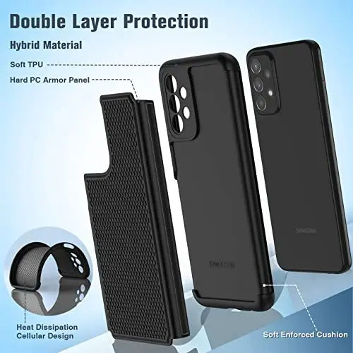FNTCASE Samsung Galaxy A23 5G uchun g'ilof: (Samsung Galaxy A23 4G LTE) Ikki qatlamli himoya, zarbaga chidamli, sirpanmaydigan teksturali orqa bamperli kuchli telefon qopqog'i - 6,6 dyuymli qora - 3