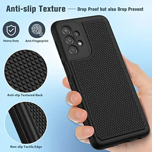 FNTCASE Samsung Galaxy A23 5G uchun g'ilof: (Samsung Galaxy A23 4G LTE) Ikki qatlamli himoya, zarbaga chidamli, sirpanmaydigan teksturali orqa bamperli kuchli telefon qopqog'i - 6,6 dyuymli qora - 5