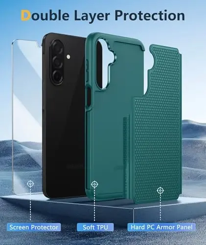 FNTCASE Samsung Galaxy A26-5G uchun g'ilof: Ikki qatlamli himoya kuchli telefon qopqog'i zarbga chidamli, sirpanmaydigan teksturali orqa - Harbiy himoya bamperi - 2025, 6.7 dyuym (Yashil) - 3