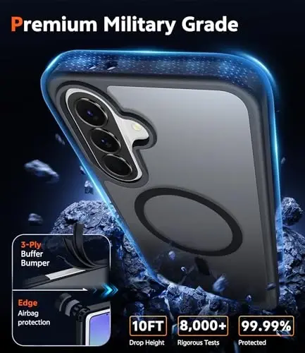 FNTCASE Samsung Galaxy A37-5G Kılıf: Ekran Koruyuculu ve Lens Korumalı Mat Yarı Saydam A36 Telefon Kılıfı, Magsafe Uyumlu Dayanıklı Koruyucu Cep Telefonu Kapağı (Buzlu Siyah Manyetik) - 6