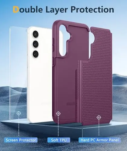 FNTCASE Samsung Galaxy S23-FE uchun g'ilof: Ikki qatlamli himoya, kuchli mobil telefon qopqog'i, mustahkam to'liq korpus, harbiy standartdagi zarba o'tkazmaydigan telefon g'ilofi (Bordo binafsha) - 4