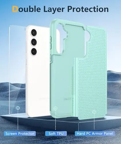 FNTCASE Samsung Galaxy S23-FE uchun g'ilof: Ikki qavatli himoya, og'ir yuk ko'taruvchi mobil telefon qopqog'i, mustahkam to'liq korpus, tushishdan himoya, harbiy darajadagi zarbga chidamli telefon g'ilofi (Yalpiz yashil) - 4