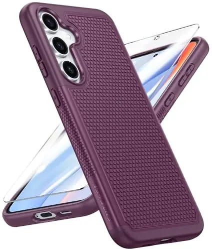 FNTCASE Samsung Galaxy S24-FE uchun g'ilof: Ikki qatlamli himoya kuchli telefon qopqog'i | Zarba o'tkazmaydigan, sirpanmaydigan teksturali | Harbiy darajadagi tushishdan himoya tamponi (Burgundi) 