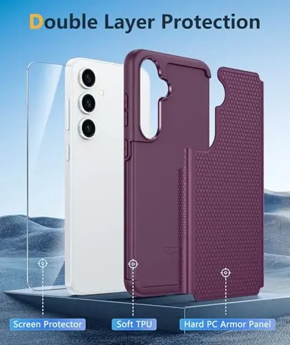 FNTCASE Samsung Galaxy S24-FE uchun g'ilof: Ikki qatlamli himoya kuchli telefon qopqog'i | Zarba o'tkazmaydigan, sirpanmaydigan teksturali | Harbiy darajadagi tushishdan himoya tamponi (Burgundi) - 3