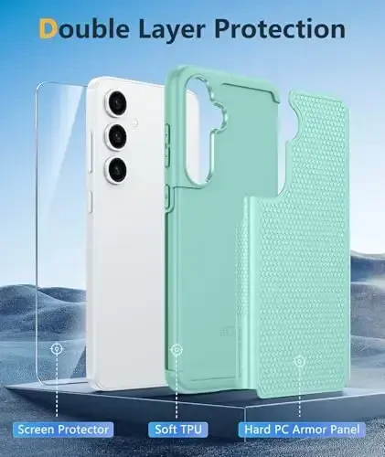 FNTCASE Samsung Galaxy S24-FE uchun g'ilof: Ikki qatlamli himoya, og'ir yukga bardoshli telefon qopqog'i | Zarba o'tkazmaydigan, sirpanmaydigan tuzilishga ega | Harbiy darajadagi tushishdan himoya qiluvchi bufer (yalpiz yashil) - 3