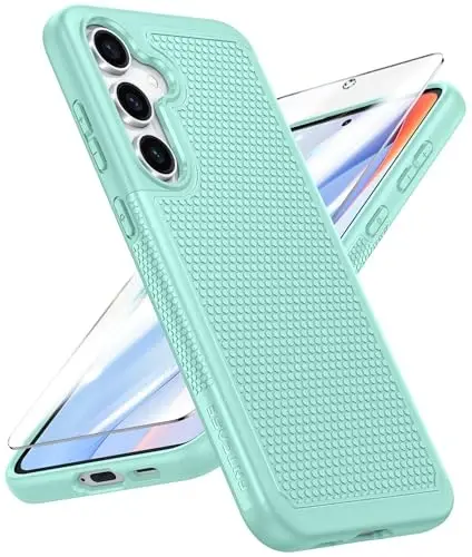 FNTCASE Samsung Galaxy S24-FE uchun g'ilof: Ikki qatlamli himoya, og'ir yukga bardoshli telefon qopqog'i | Zarba o'tkazmaydigan, sirpanmaydigan tuzilishga ega | Harbiy darajadagi tushishdan himoya qiluvchi bufer (yalpiz yashil) - 1