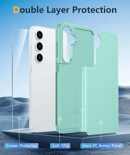 FNTCASE Samsung Galaxy S24-FE uchun g'ilof: Ikki qatlamli himoya, og'ir yukga bardoshli telefon qopqog'i | Zarba o'tkazmaydigan, sirpanmaydigan tuzilishga ega | Harbiy darajadagi tushishdan himoya qiluvchi bufer (yalpiz yashil) - 3