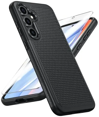 FNTCASE Samsung Galaxy S24-FE uchun g'ilof: Ikki qatlamli himoya, yuqori sifatli mobil telefon qopqog'i | Zarba o'tkazmaydigan, sirpanmaydigan teksturali | Harbiy darajadagi tushishdan himoya qiluvchi qattiq bamper (qora) - 1