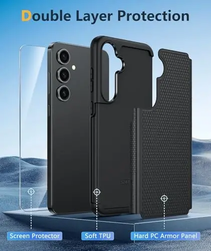 FNTCASE Samsung Galaxy S24-FE uchun g'ilof: Ikki qatlamli himoya, yuqori sifatli mobil telefon qopqog'i | Zarba o'tkazmaydigan, sirpanmaydigan teksturali | Harbiy darajadagi tushishdan himoya qiluvchi qattiq bamper (qora) - 3