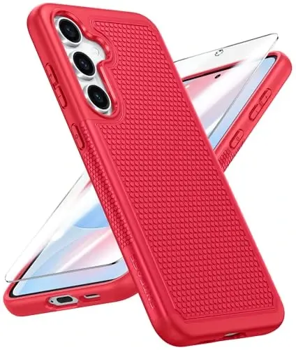 FNTCASE Samsung Galaxy S24-FE uchun: Ikki qatlamli himoya kuchli telefon qopqog'i | Zarba o'tkazmaydigan qo'pol, sirpanmaydigan teksturali | Harbiy darajadagi tushishdan himoya bamperi (Qizil) - FNTCASE