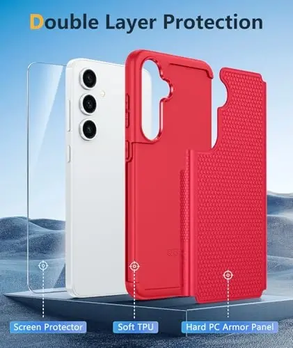 FNTCASE Samsung Galaxy S24-FE uchun: Ikki qatlamli himoya kuchli telefon qopqog'i | Zarba o'tkazmaydigan qo'pol, sirpanmaydigan teksturali | Harbiy darajadagi tushishdan himoya bamperi (Qizil) - 3
