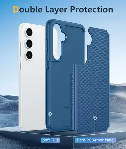 FNTCASE Samsung Galaxy S24 uchun g'ilof: Ikki qavatli og'ir yuk mobil telefon himoya qopqog'i zarbaga chidamli, sirpanmaydigan to'qimali - Harbiy tomchidan himoya tamponi - 2024, 6.2 dyuym Moviy - 3