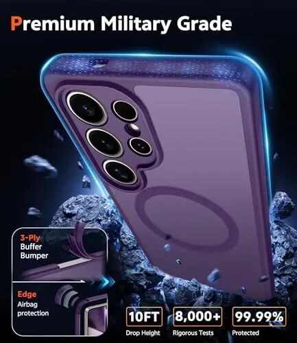FNTCASE Samsung Galaxy S24-Ultra G‘ilof: Ekran himoya oynasi va linza himoyasiga ega, Magsafe bilan mos keluvchi, mat magnitli shaffof telefon g‘ilofi, mustahkam himoya (To‘q Binafsha) - 6