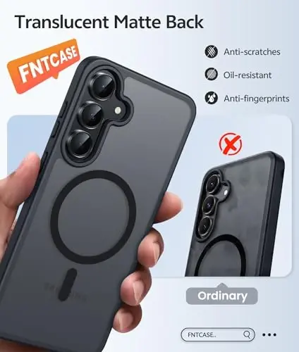 FNTCASE Samsung Galaxy S25 FE Gʻilofi uchun: Magnit Shaffof Mat Harbiy Darajadagi Tomchidan Himoya Qiluvchi Telefon Qoplami - Yupqa Mustahkam Bardoshli Zarbaga Qarshi Himoya S25Fe Gʻiloflari (Qora-6.7 dyuym) 