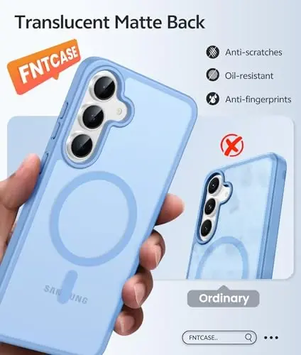 FNTCASE for Samsung Galaxy S25 FE Case, Fit for Magsafe, Screen Protector | Translucent Matte Magnetic Back, 14FT Military Grade Drop Protection, Slim Shockproof Protective Phone Cover, Light Blue 