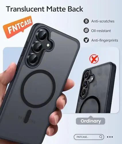 FNTCASE for Samsung Galaxy S25 FE Case, Fit for Magsafe, Screen Protector | Translucent Matte Magnetic Back, 14FT Military Grade Drop Protection, Slim Shockproof Protective Phone Cover, Black - 1