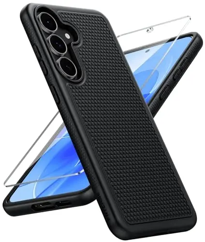 FNTCASE Samsung Galaxy S25-FE uchun g'ilof: Zarbadan himoya qiluvchi, yengil, mustahkam mobil telefon qopqog'i, sirpanmaydigan teksturali orqa | Harbiy darajadagi tushishdan himoya, bardoshli bamper (qora, 6.7 dyuym) - 1