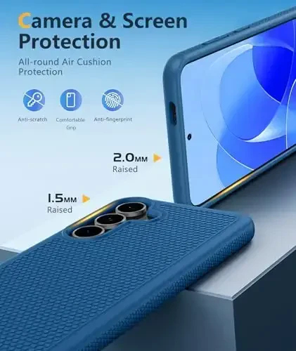 FNTCASE Samsung Galaxy S25-FE uchun g'ilof: zarbga chidamli himoya yengil vaznli og'ir vazifali mustahkam mobil telefon qopqog'i, sirpanmaydigan teksturali orqa tomoni bilan | Harbiy darajadagi tushishdan himoya tamponi (ko'k) - 6