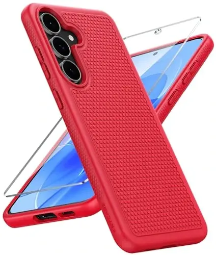 FNTCASE Samsung Galaxy S25-FE uchun g'ilof: zarbga chidamli himoya yengil vaznli og'ir yuk ko'taruvchi mustahkam mobil telefon qopqog'i, sirpanmaydigan teksturali orqa tomoni | Harbiy darajadagi tushishdan himoya qiluvchi bamper (qizil) 