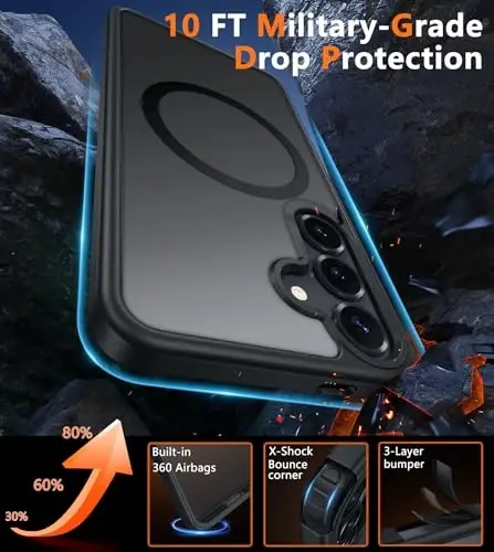 FNTCASE Samsung Galaxy S25 G‘ilof uchun: Galaxy S24 G‘iloflari uchun Magnit Harbiy Darajadagi Tomchidan Himoya Shaffof Uyali Telefon Qopqog‘i - Yupqa Chidamli Zarbga Chidamli Himoya Bumper G‘iloflari - 6.2 dyuym (Qora) - 4