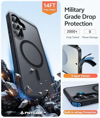 FNTCASE for Samsung Galaxy S25/S24 Plus Case, Fit Magsafe, Screen Protector | Translucent Matte Magnetic Back, 14FT Military Grade Drop Protection, Shockproof Protective Phone Cover, Black - 5