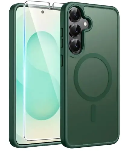 FNTCASE for Samsung Galaxy S25/S24 Plus Case, Fit Magsafe, Screen Protector | Translucent Matte Magnetic Back, 14FT Military Grade Drop Protection, Shockproof Protective Phone Cover, Green 