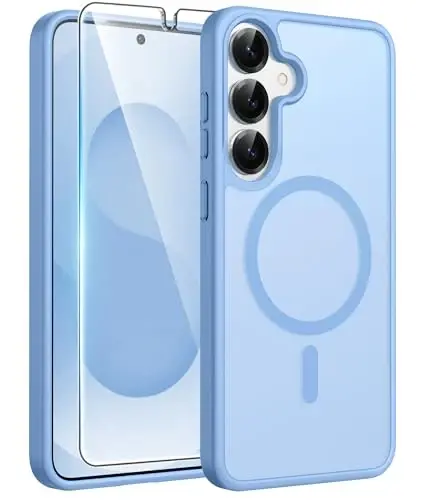 FNTCASE for Samsung Galaxy S25/S24 Plus Case, Fit Magsafe, Screen Protector | Translucent Matte Magnetic Back, 14FT Military Grade Drop Protection, Shockproof Protective Phone Cover, Light Blue 