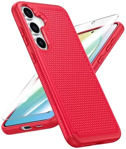 FNTCASE Samsung Galaxy S25-Plus uchun g'ilof: S24-Plus ikki qavatli kuchli telefon himoya qopqog'i zarbaga chidamli, sirpanmaydigan teksturali - Harbiy tomchidan himoya tamponi - 6,7 dyuym (Qizil) 