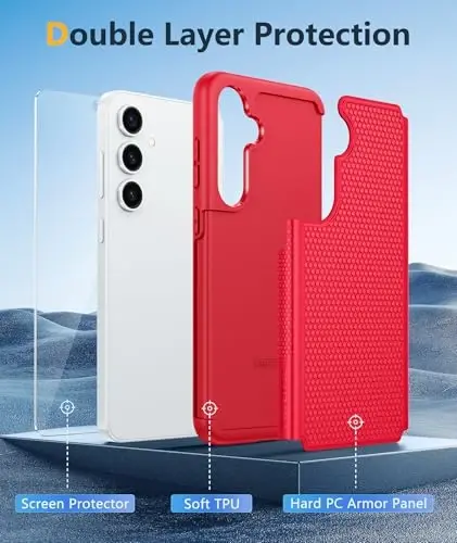FNTCASE Samsung Galaxy S25-Plus uchun g'ilof: S24-Plus ikki qavatli kuchli telefon himoya qopqog'i zarbaga chidamli, sirpanmaydigan teksturali - Harbiy tomchidan himoya tamponi - 6,7 dyuym (Qizil) - 3