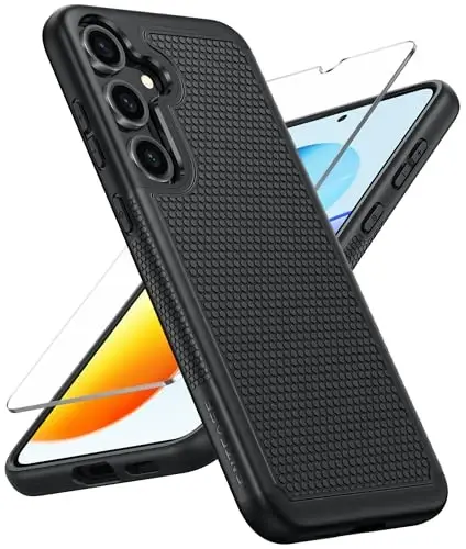FNTCASE Samsung Galaxy S25 uchun g'ilof: Ikki qatlamli og'ir yuk mobil telefon himoya qopqog'i zarbga chidamli mustahkam sirpanmaydigan teksturali - Harbiy tomchi himoyasi bamperi bardoshli - 2025, 6.2 dyuym (qora) - 1