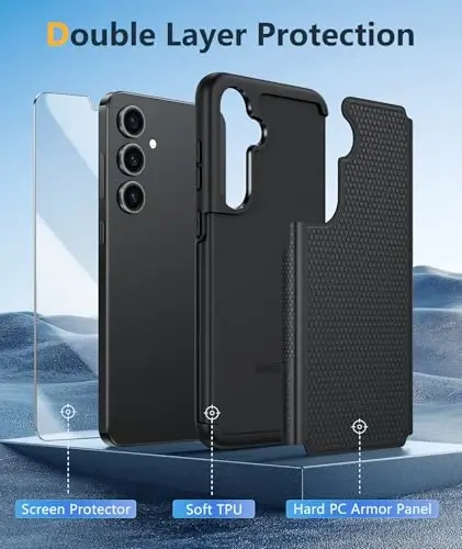 FNTCASE Samsung Galaxy S25 uchun g'ilof: Ikki qatlamli og'ir yuk mobil telefon himoya qopqog'i zarbga chidamli mustahkam sirpanmaydigan teksturali - Harbiy tomchi himoyasi bamperi bardoshli - 2025, 6.2 dyuym (qora) - 3